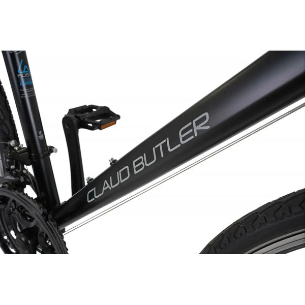 Detailed shot of the CLAUD BUTLER logo on the downtube of the Explorer 1.0 hybrid bike.