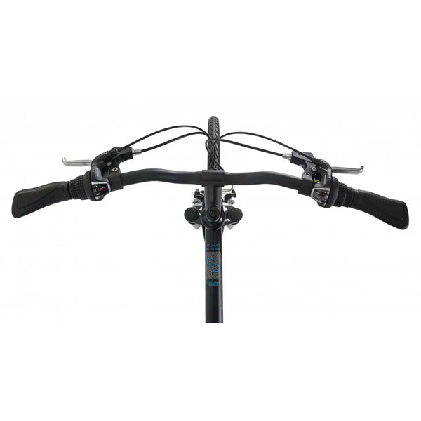 Top-down view of the handlebars and twist-grip gear shifters on the Claud Butler Explorer 1.0.