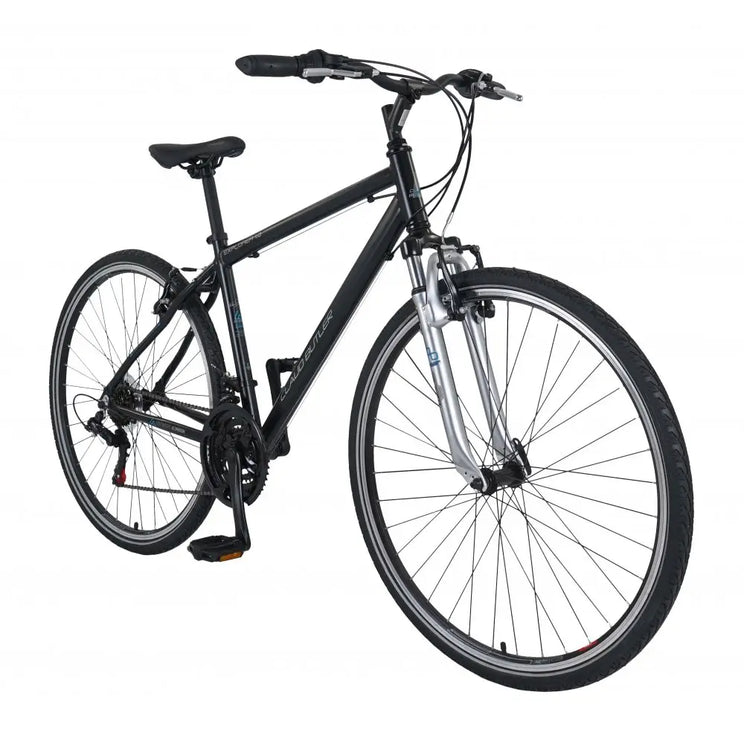 Angled front view of the Claud Butler Explorer 1.0, highlighting the front suspension fork and large 700c wheels.