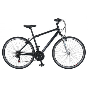 Side profile of the black Claud Butler Explorer 1.0 hybrid bike, suitable for commuting and leisure cycling.