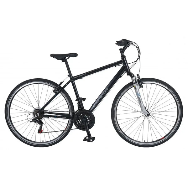 Side profile of the black Claud Butler Explorer 1.0 hybrid bike, suitable for commuting and leisure cycling.