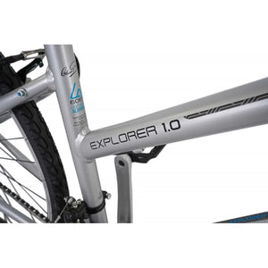 Close-up of the "EXPLORER 1.0" model name and 6061 aluminium frame sticker on the top tube.