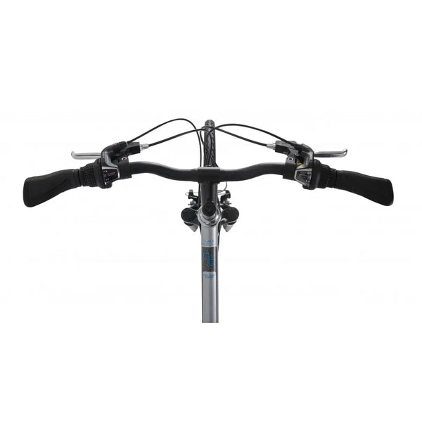 Top-down view of the handlebars, twist-grip shifters, and brake levers on the Explorer 1.0 Low Step.