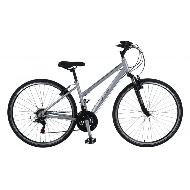 Side profile of the Claud Butler Explorer 1.0 with a low step-through frame in silver.