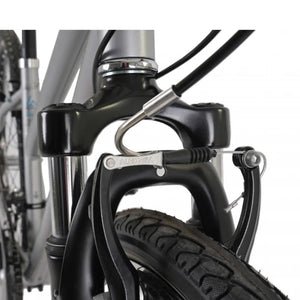 Close-up of the V-brake caliper and front suspension fork on the Claud Butler Explorer 1.0 Low Step hybrid.