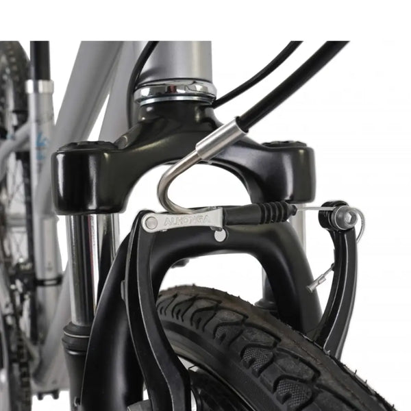 Close-up of the V-brake caliper and front suspension fork on the Claud Butler Explorer 1.0 Low Step hybrid.