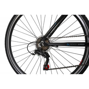 Close-up of the rear derailleur and cassette, showing the lightweight aluminium frame detail on the Explorer 1.0.