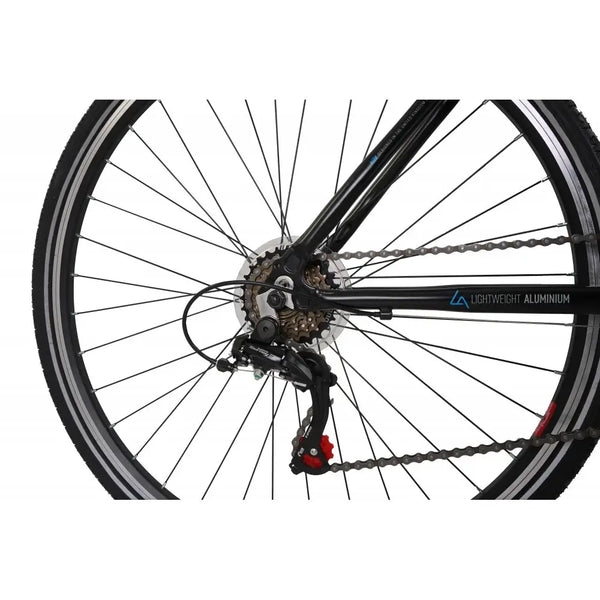 Close-up of the rear derailleur and cassette, showing the lightweight aluminium frame detail on the Explorer 1.0.