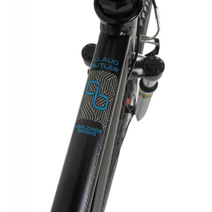 Close-up of the "EXPLORER SERIES" and "CLAUD BUTLER" logos on the downtube of the Explorer 1.0 hybrid bike.