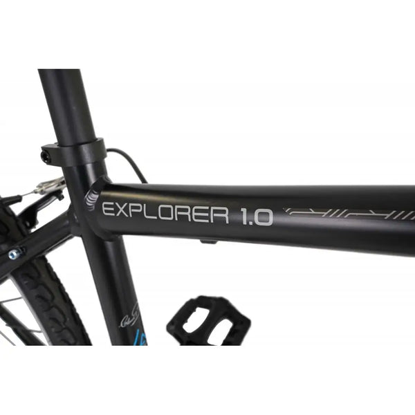 Close-up of the "EXPLORER 1.0" model name decal on the top tube of the Claud Butler hybrid bike.