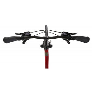Top-down view of the comfort handlebars and twist grip shifters on the Explorer 2.0 Hybrid bike.