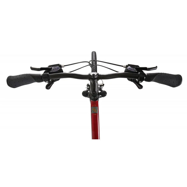 Top-down view of the comfort handlebars and twist grip shifters on the Explorer 2.0 Hybrid bike.