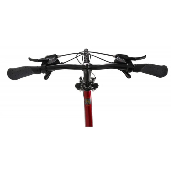 Top-down view of the comfort handlebars and twist grip shifters on the Explorer 2.0 Low Step.