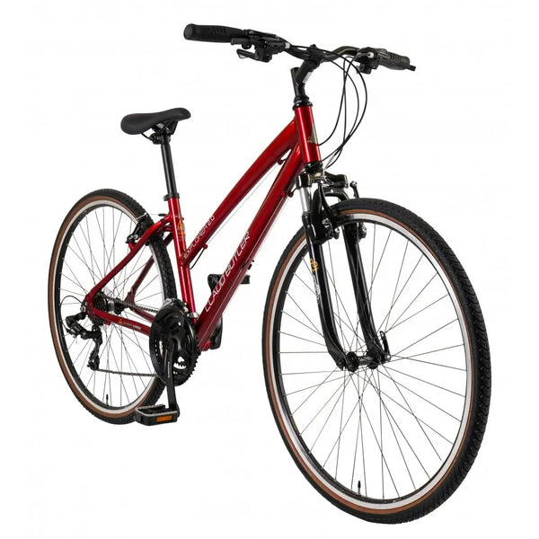 Angled front view of the Explorer 2.0 low step bike, highlighting the comfort geometry and 700c wheels.