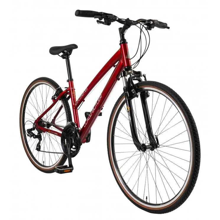 Angled front view of the Explorer 2.0 low step bike, highlighting the comfort geometry and 700c wheels.