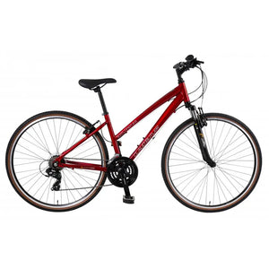 Side view of the Claud Butler Explorer 2.0 Low Step hybrid bike in a striking red finish with suspension forks.
