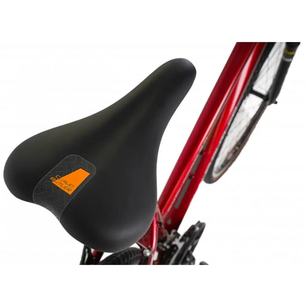 Top-down view of the ergonomic, comfortable saddle on the Claud Butler Explorer 2.0 Low Step.