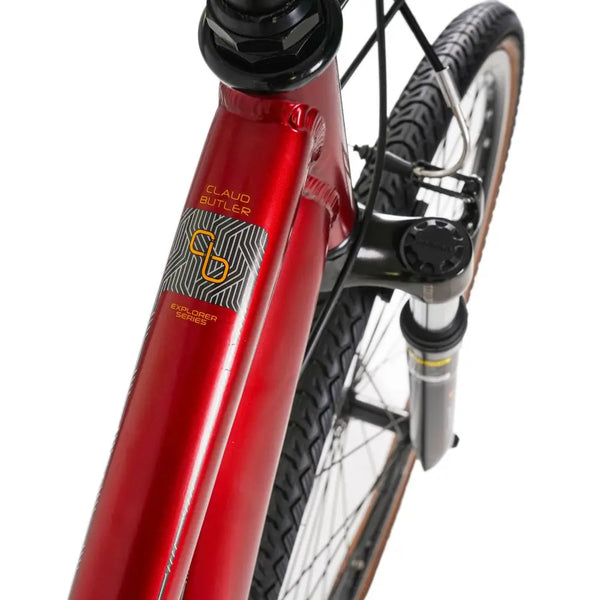 Close-up of the "EXPLORER SERIES" logo on the top tube of the Claud Butler 2.0.