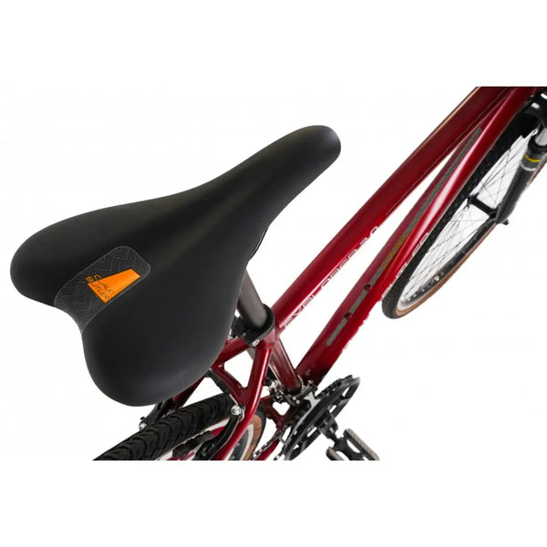 Top-down view of the ergonomic, comfortable saddle on the Claud Butler Explorer 2.0 Hybrid bike.