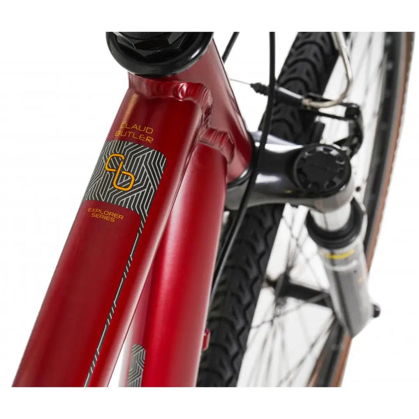Close-up of the "EXPLORER SERIES" logo on the top tube of the Claud Butler 2.0.
