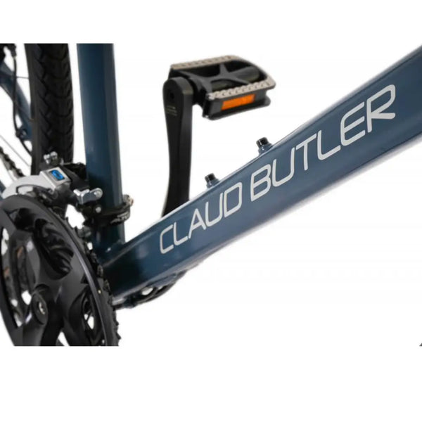 Detailed shot of the CLAUD BUTLER and EXPLORER 3.0 decals on the downtube of the hybrid bike.