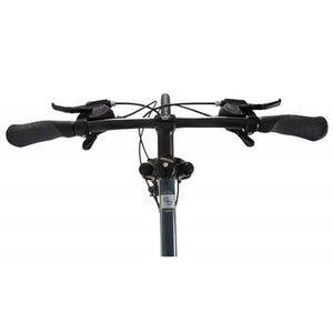 Top-down view of the comfort handlebars and twist grip shifters on the Explorer 3.0.