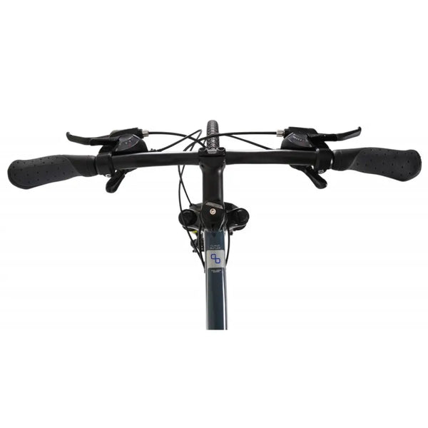 Top-down view of the comfort handlebars and twist grip shifters on the Explorer 3.0.