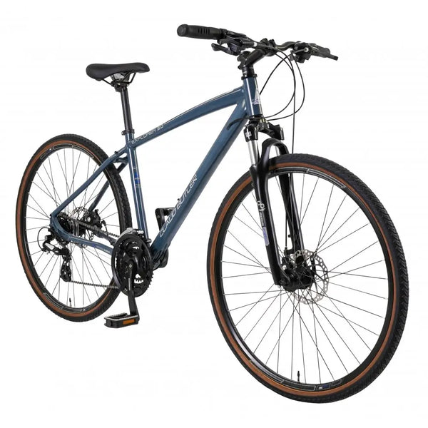 Angled front view of the Explorer 3.0 hybrid bike, highlighting the comfort geometry and 700c wheels.