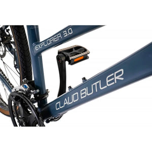 Detailed shot of the CLAUD BUTLER and EXPLORER 3.0 decals on the downtube of the red hybrid bike.