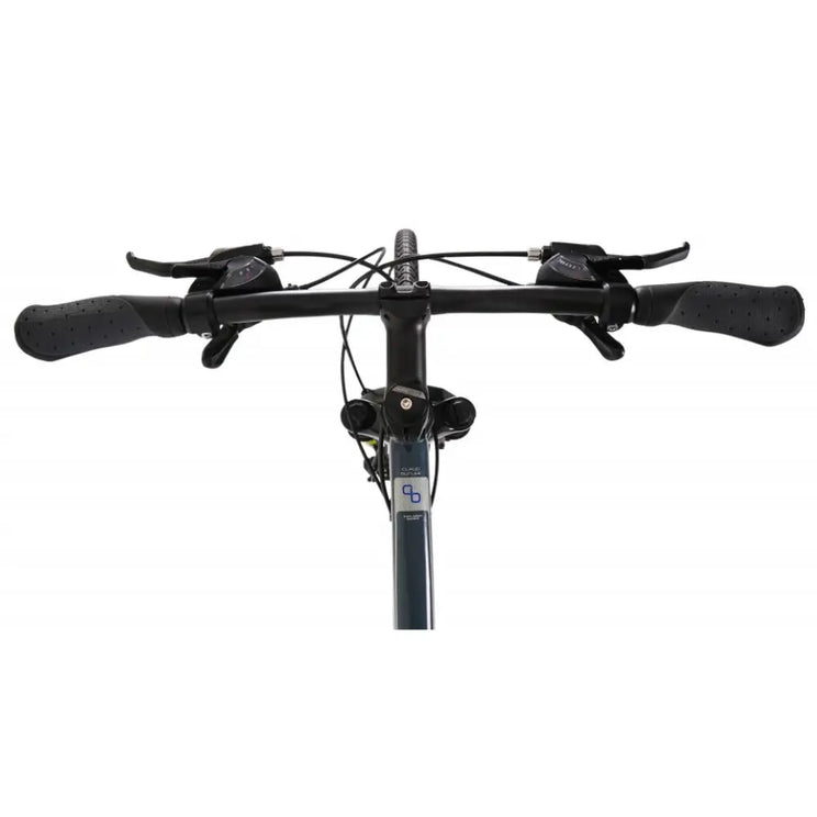 Top-down view of the comfort handlebars and twist grip shifters on the Explorer 3.0 Low Step.