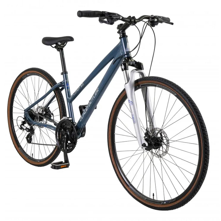 Angled front view of the Explorer 3.0 low step bike, highlighting the comfort geometry and 700c wheels.