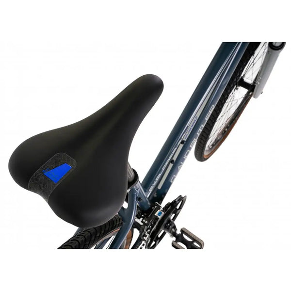 Top-down view of the ergonomic, comfortable saddle on the Claud Butler Explorer 3.0 Low Step.