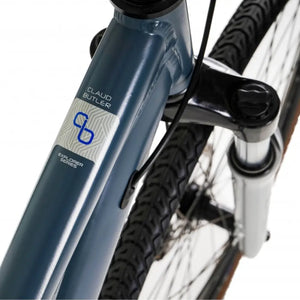 Close-up of the "EXPLORER SERIES" logo on the top tube of the Claud Butler 3.0.