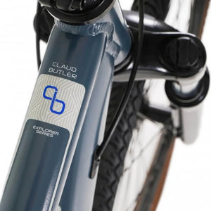 Close-up of the "EXPLORER SERIES" logo on the top tube of the Claud Butler 3.0.