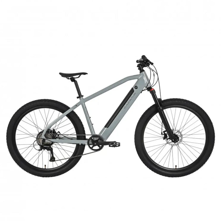 Side profile of the Claud Butler Ridge 1.0 electric mountain bike in matte grey, featuring a lightweight frame and rugged tyres.