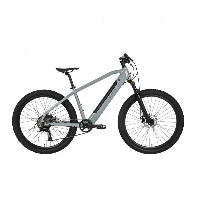 Side profile of the Claud Butler Ridge 1.0 electric mountain bike in matte grey, featuring a lightweight frame and rugged tyres.