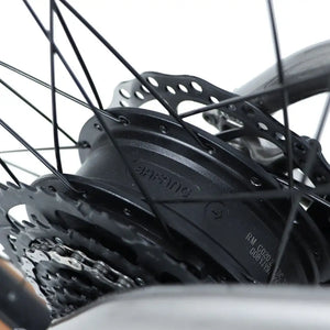 Detailed close-up of the Bafang rear hub motor on the Claud Butler Ridge 2.0 electric mountain bike with cassette and disc rotor.