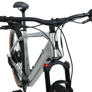 Front view of the Claud Butler Ridge 2.0 electric mountain bike showing the handlebars, head tube, and suspension fork.