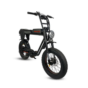 Side view of the Cruz73 electric off-road bike in black, featuring a long seat, fat tyres, and sturdy frame for off-road terrain.