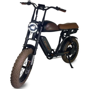 Front angle view of the Cruz73 Mariner Retro Special Edition electric bike with round headlight and brown saddle.