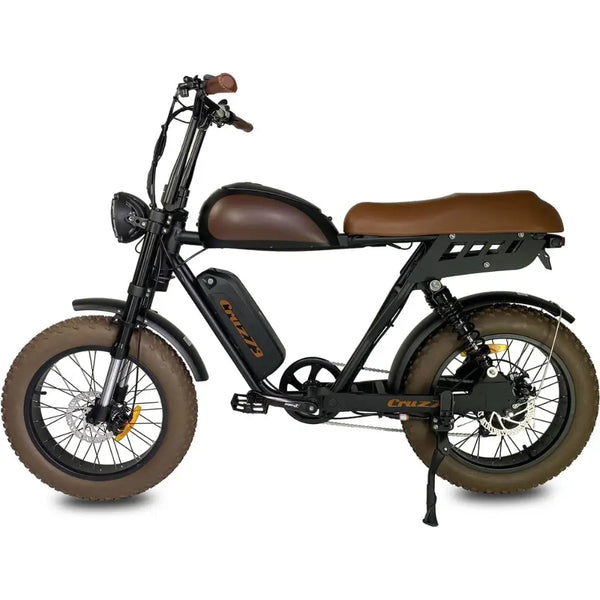 Left side view of the Cruz73 Mariner Retro Special Edition electric bike with brown seat and black frame.