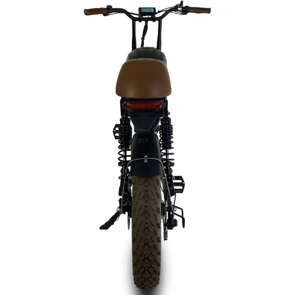 Rear view of the Cruz73 Mariner Retro Special Edition electric bike showing fat rear tyre and twin suspension springs.