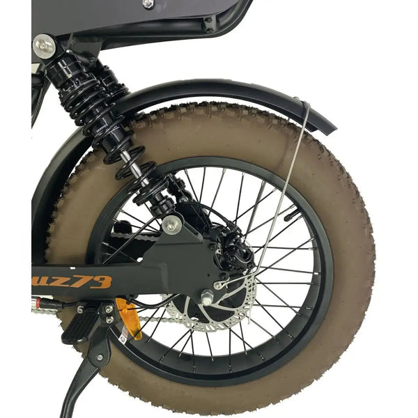Rear wheel view of the Cruz73 Mariner Retro Special Edition electric bike showing disc brake and suspension springs.