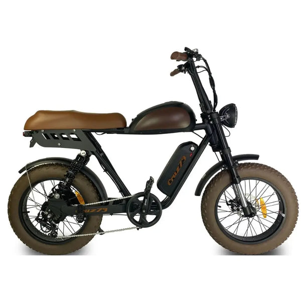 Left side view of the Cruz73 Mariner Retro Special Edition electric bike with brown seat and black frame.