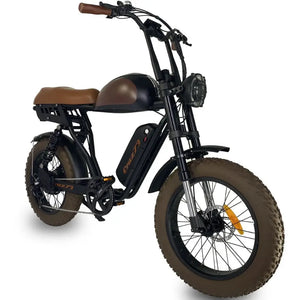 Side view of the Cruz73 Mariner Retro Special Edition electric bike with brown seat and wide off-road tyres.