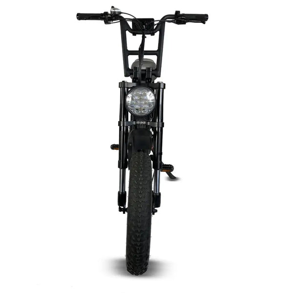 Front view of the Cruz73 Pro Retro Fat Tyre Electric Bike 250W showing its wide front tyre, headlight, and black retro-style frame.