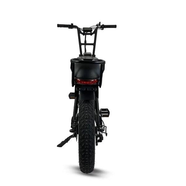Straight rear view of the Cruz73 Retro Fat Tyre Electric Bike 250W highlighting the rear light, thick tyre tread, and off-road design.