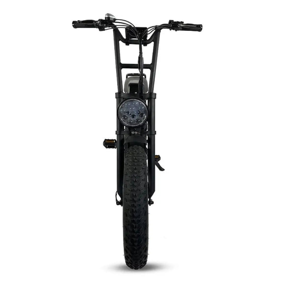 Front view of the Cruz73 Retro Fat Tyre Electric Bike 250W in black, highlighting round LED headlight and thick front tyre tread.