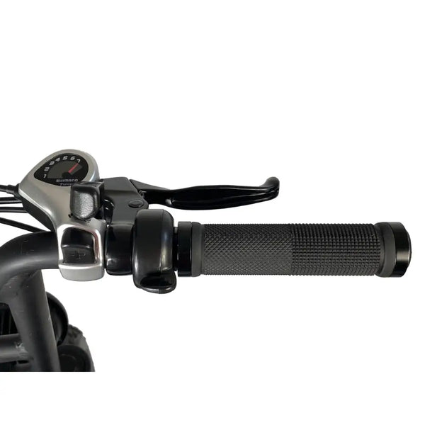Close-up of the handlebar and Shimano gear shifter on the Cruz73 Retro Fat Tyre electric bike, showing textured grip and brake lever for precise control.