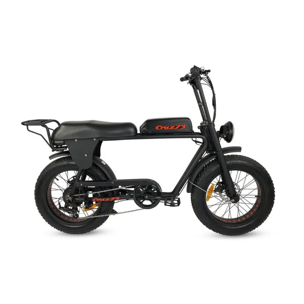 Left side view of the Cruz73 Retro Fat Tyre Electric Bike 250W in black with wide handlebars, extended seat, and fat off-road tyres.